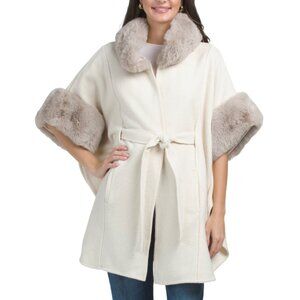 MAX STUDIO Beige Kimono With Faux Mink Fur Collar And Cuffs